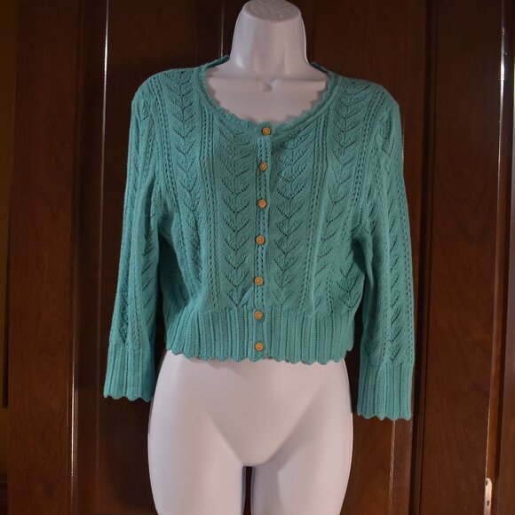 Express Teal Cropped Cotton Knit Cardigan Sweater Size Large - Picture 5 of 15